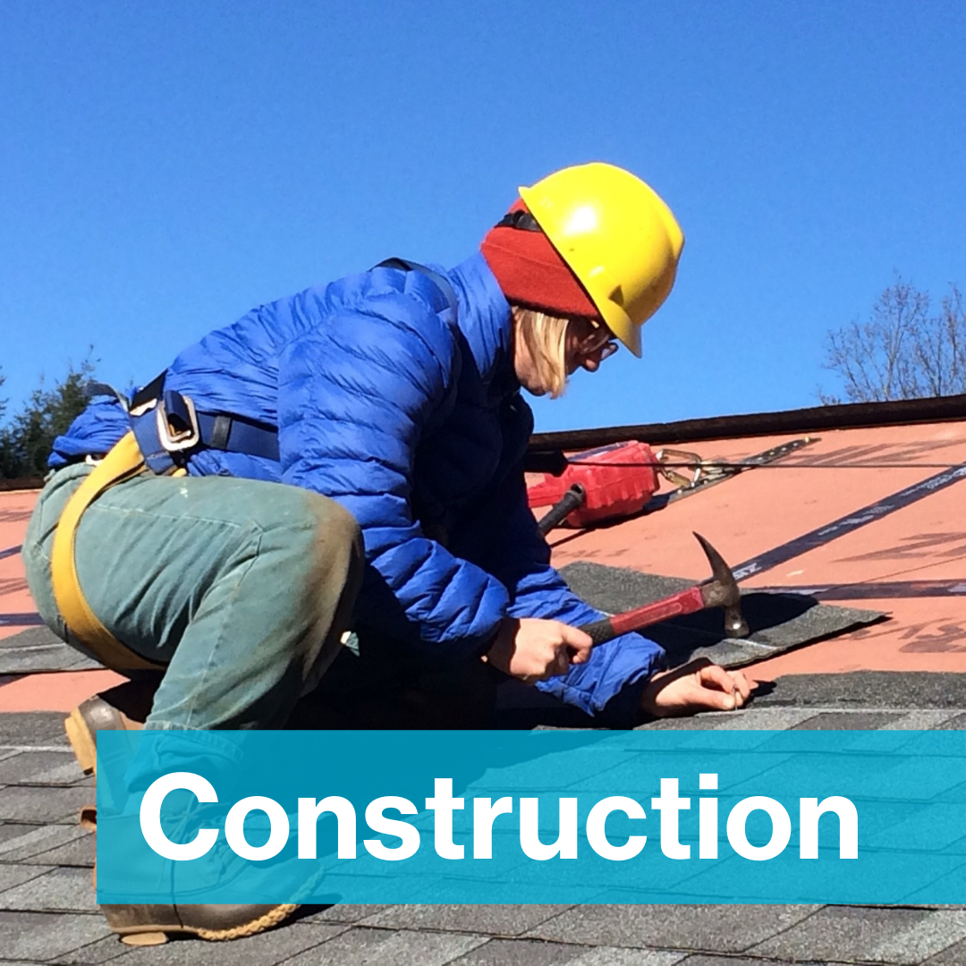 Woman roofing under clear blue sky, text reads "Construction"